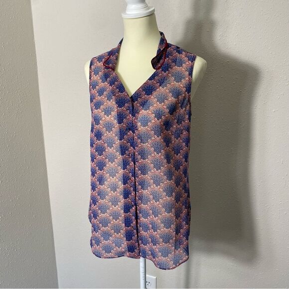 Cabi Burgundy & Blue Sleeveless Sheer Fan Blouse Women's Size Small - Picture 10 of 16